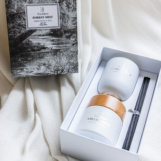 Gift set Forest Mist Amber Wood & Spice Geurstokjes & Geurkaars