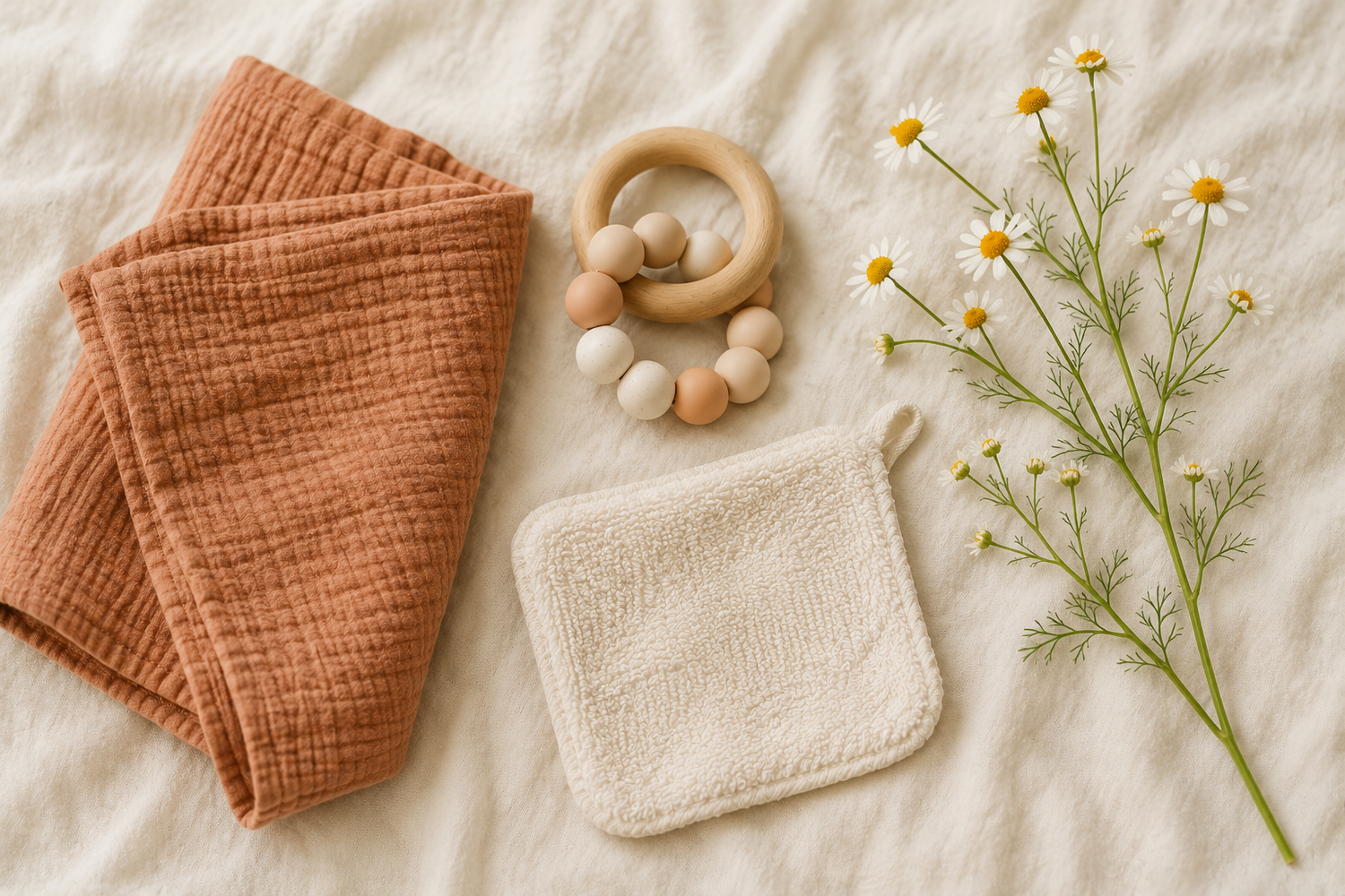 Natuurlijke baby en kinderproducten van Bee Rebel: biologisch katoenen luier in terra, houten bijtring met siliconen kraaltjes, zacht washandje en kamille op wit katoen.
