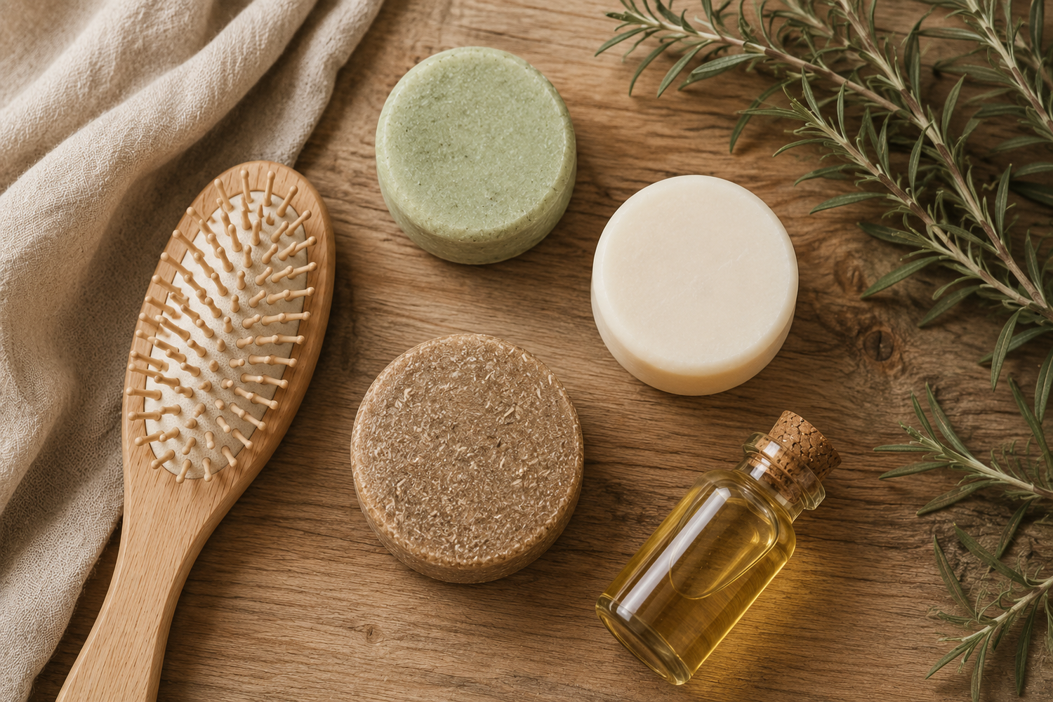 Natuurlijke haarverzorging van Bee Rebel: vaste shampoo bars, glazen flesje haarolie, houten haarborstel en rozemarijntakjes op een houten ondergrond.