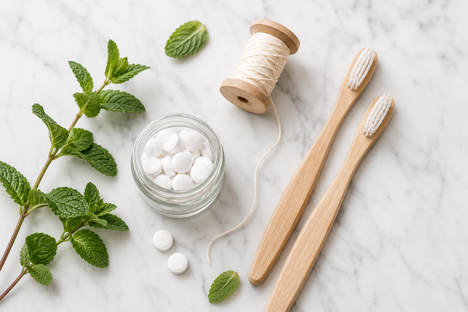 Natuurlijke mondverzorging van Bee Rebel: bamboetandenborstels, glazen pot tandpasta tabletten, natuurlijke tandzijde en verse munttakjes op een marmeren ondergrond.