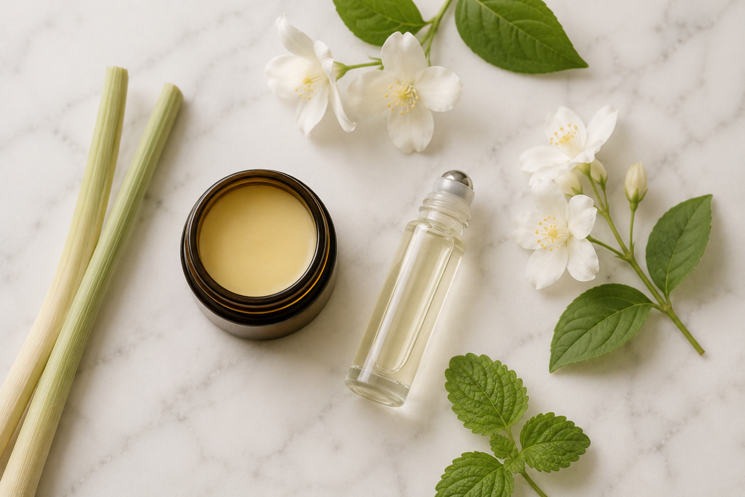 Natuurlijke parfum en deodorant van Bee Rebel: amber deobalsem, glazen roll-on parfum, citroengras, melissa en witte jasmijnbloesem op een marmeren ondergrond.