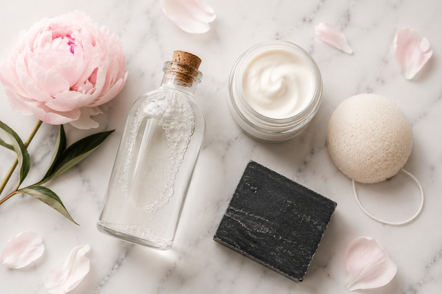 Natuurlijke gelaatsverzorging van Bee Rebel: glazen fles micellair water, dagcrème, zwart actieve koolzeep en konjac spons met roze pioenrozen op marmer.