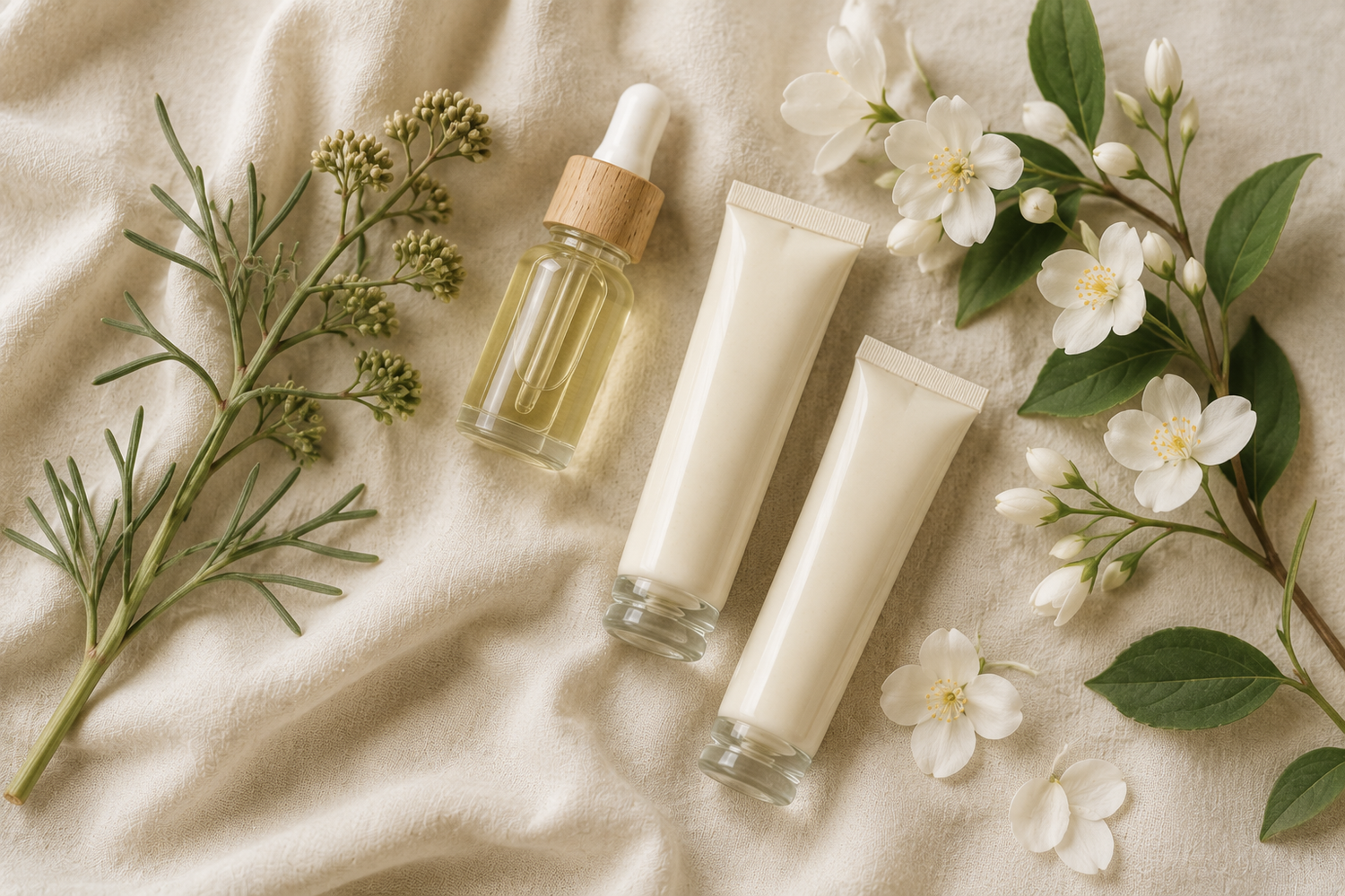 Natuurlijke hand- en voetverzorging van Bee Rebel: twee tubes handcrème, glazen flesje nagelriemolie met houten dop, zeevenkel en witte jasmijnbloesem op linnen.