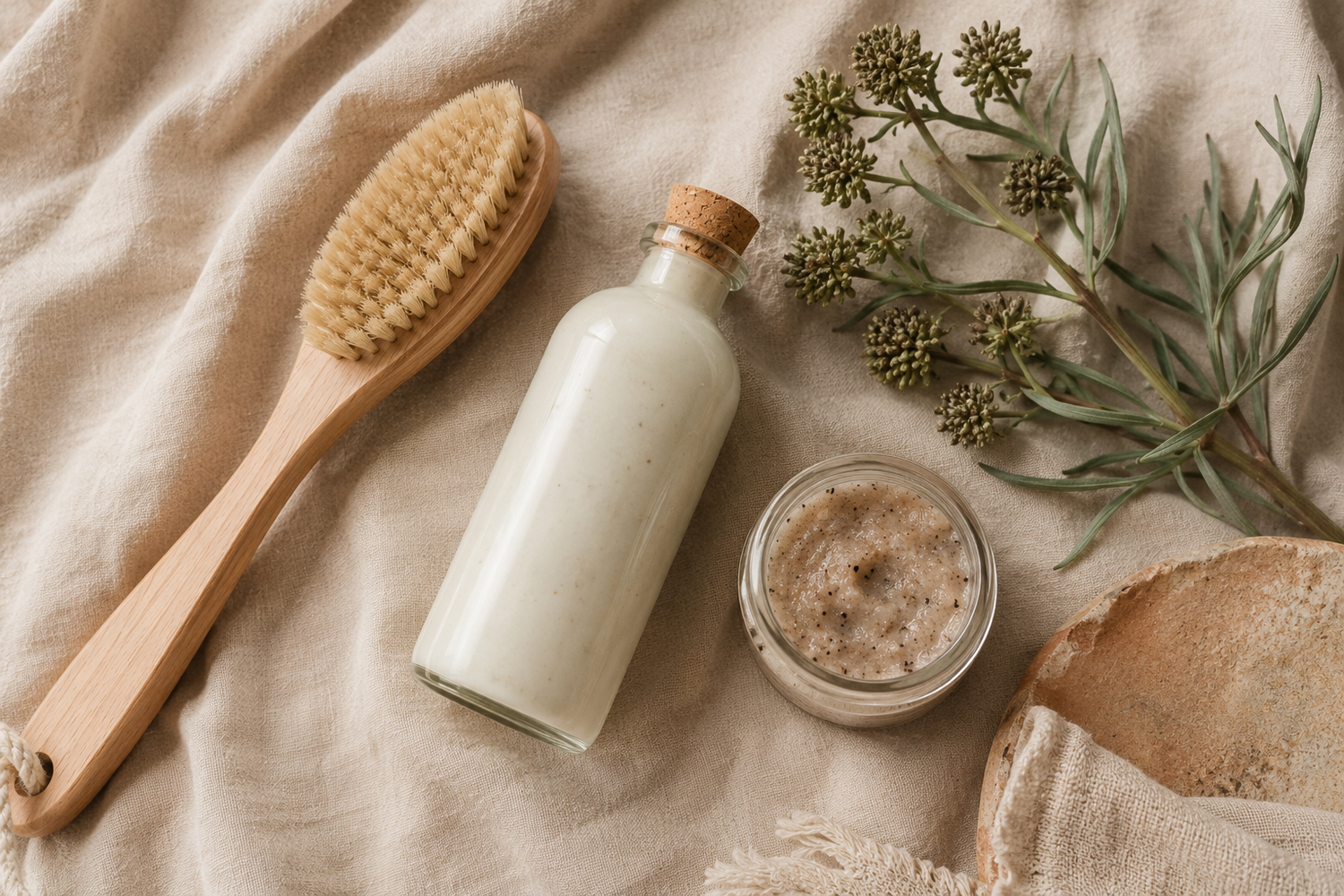 Natuurlijke lichaamsverzorging van Bee Rebel: glazen fles body lotion, potje bodyscrub, houten lichaamsborstel en zeevenkel op een beige linnen ondergrond.